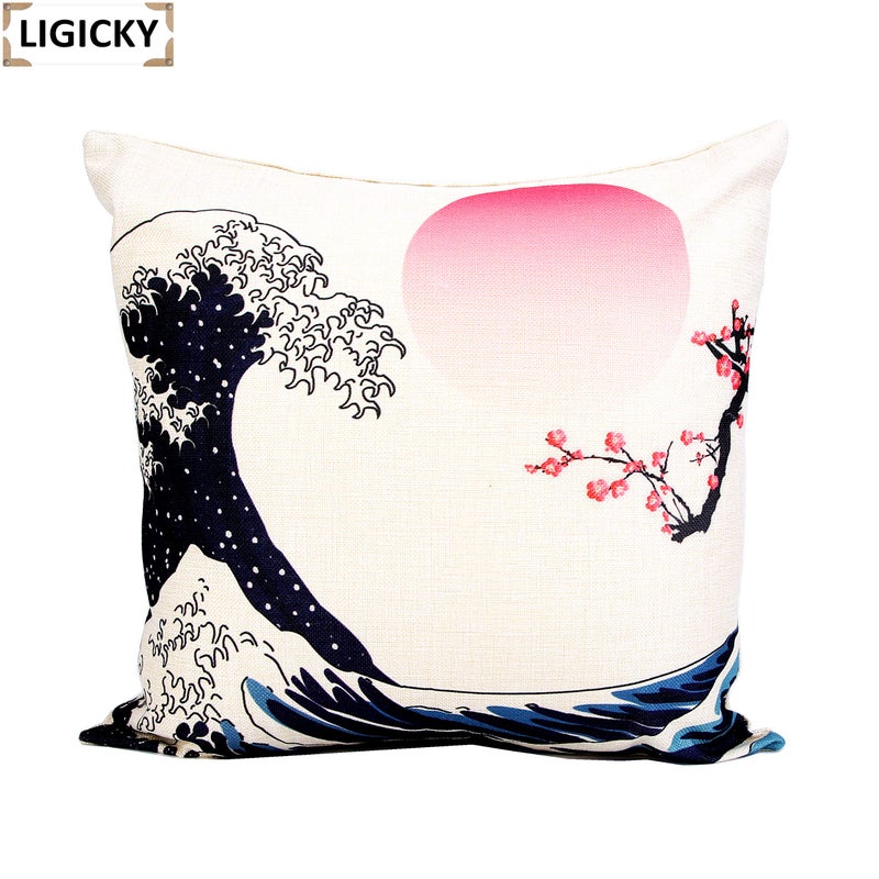 LIGICKY Set of 4 Farmhouse Japanese Style Decorative Throw Pillow Covers Fuji Mountain Print Linen Pillows for Couch Cushion Bed Outdoor Decor 18x18 Inch - Image 5